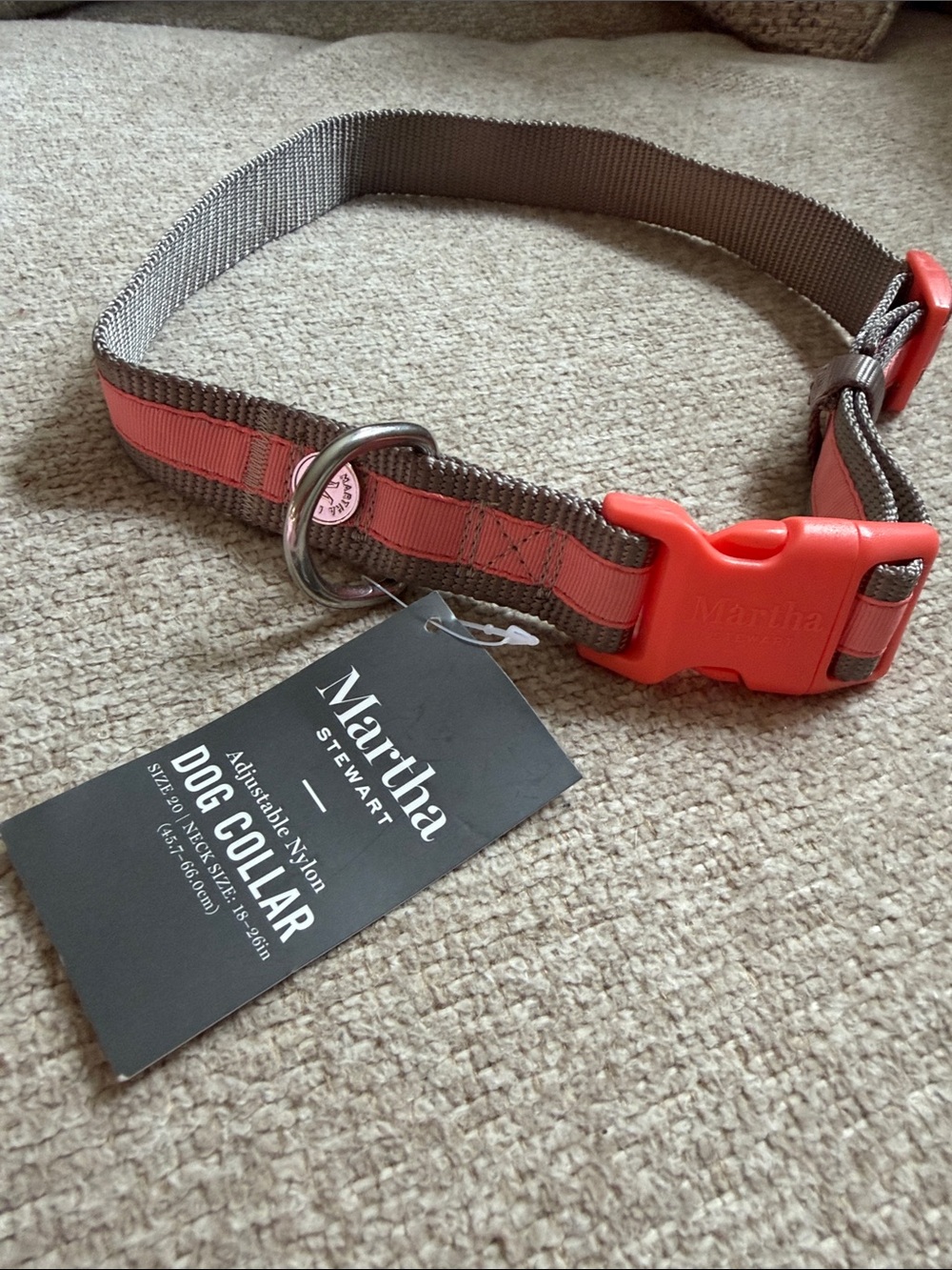 Martha Stewart Taupe Nylon Dog Collar with Coral Buckle